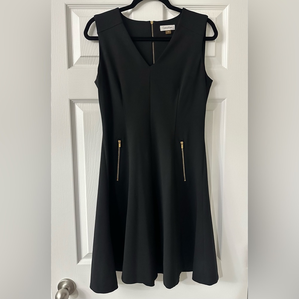 Calvin Klein V-Neck Gold Tone Zipper Accents Black A-Line Dress